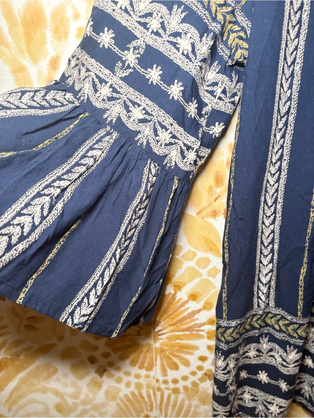 Boho Navy Blue Peasant Blouse Women's Off-the-Shoulder Bell Sleeve Top - Picture 9 of 12
